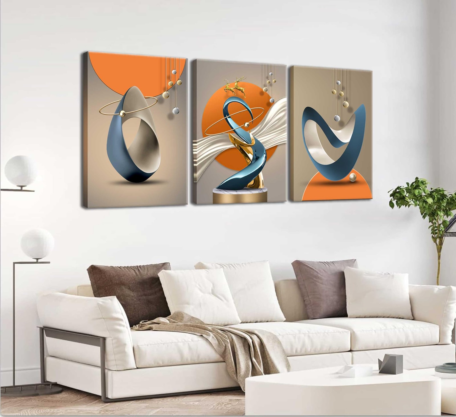 3 Pcs Bright Style Canvas Wall Art Modern Abstract Golden Deer Luxury Foil Li…