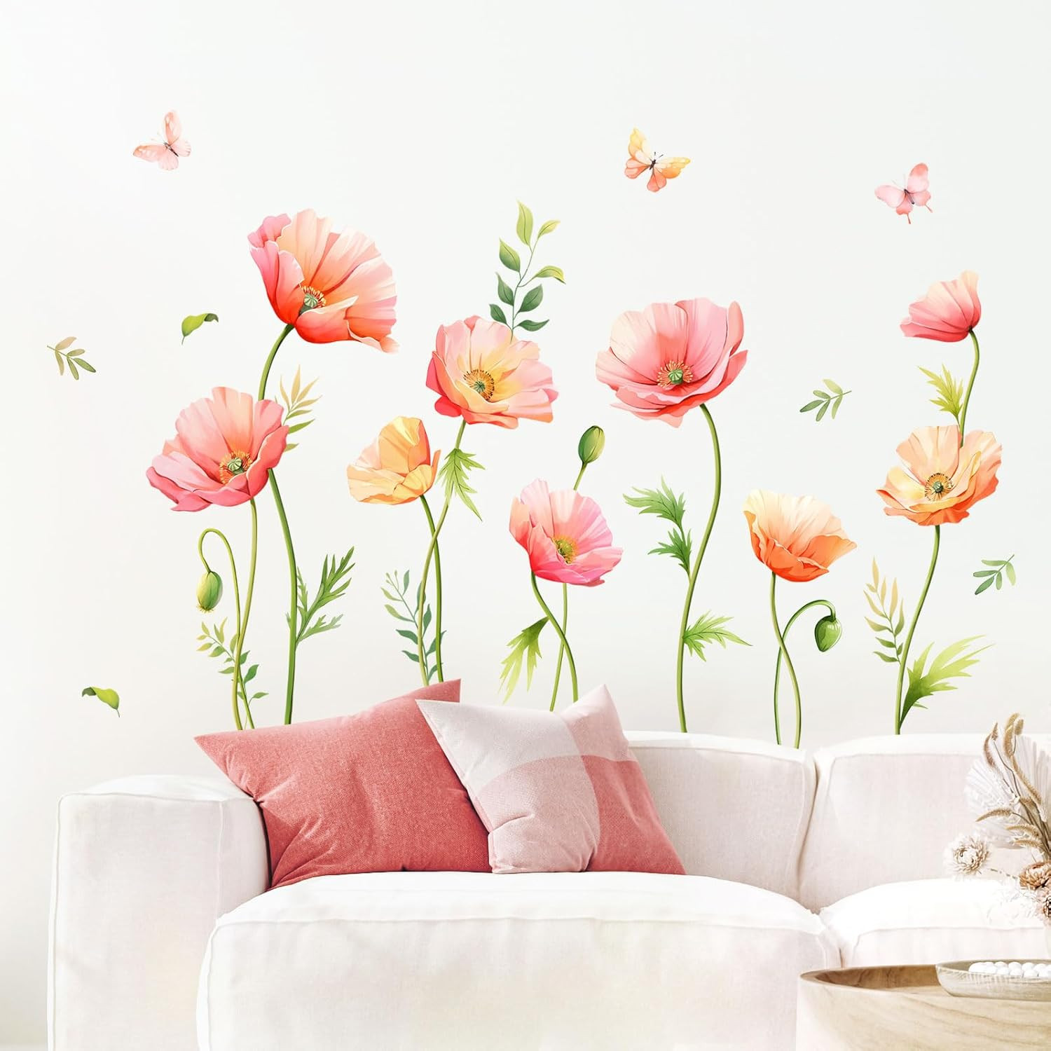 Large Pink Floral Wall Decals Poppy Flower Butterfly Multi-colored