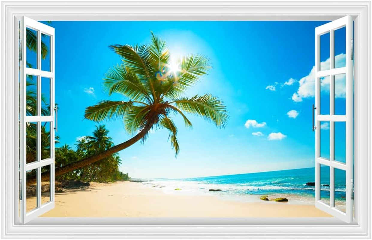 Kiddale Fake Windows Wall Sticker, Removable 3D Beach Seascape Faux Windows Wall