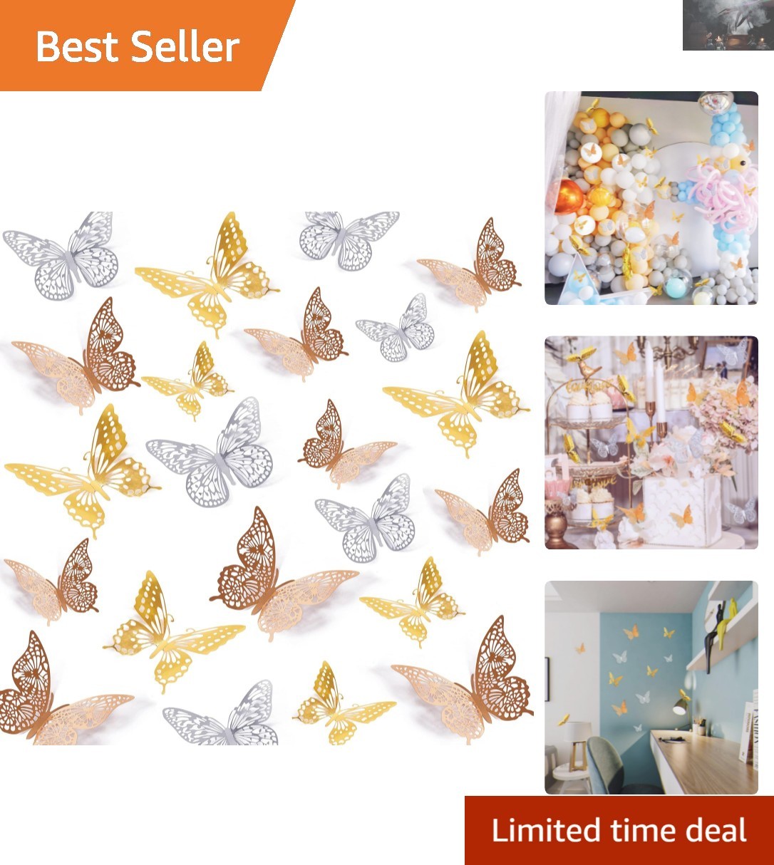 72 Pcs 3D Butterfly Wall Decor – Gold, Silver & Rose Gold – Removable Stickers