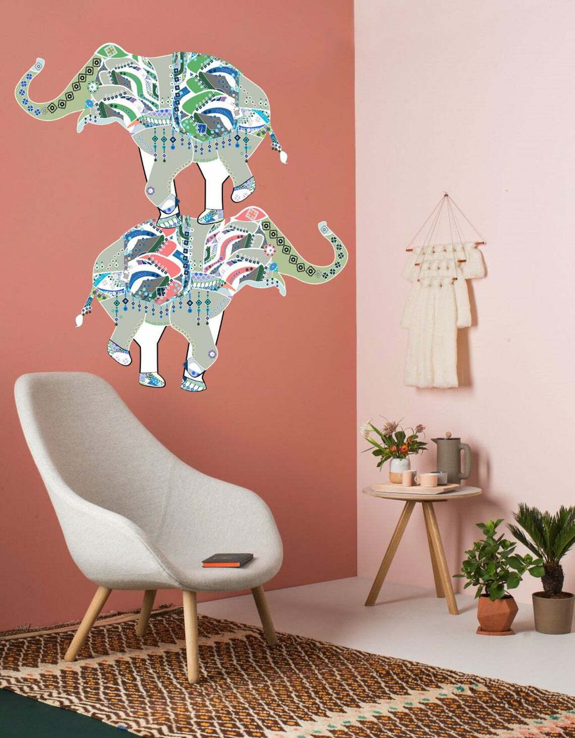Boho Elephant Wall Decals, Animal Wall Sticker, Indian style Wall Mural, Bohemia