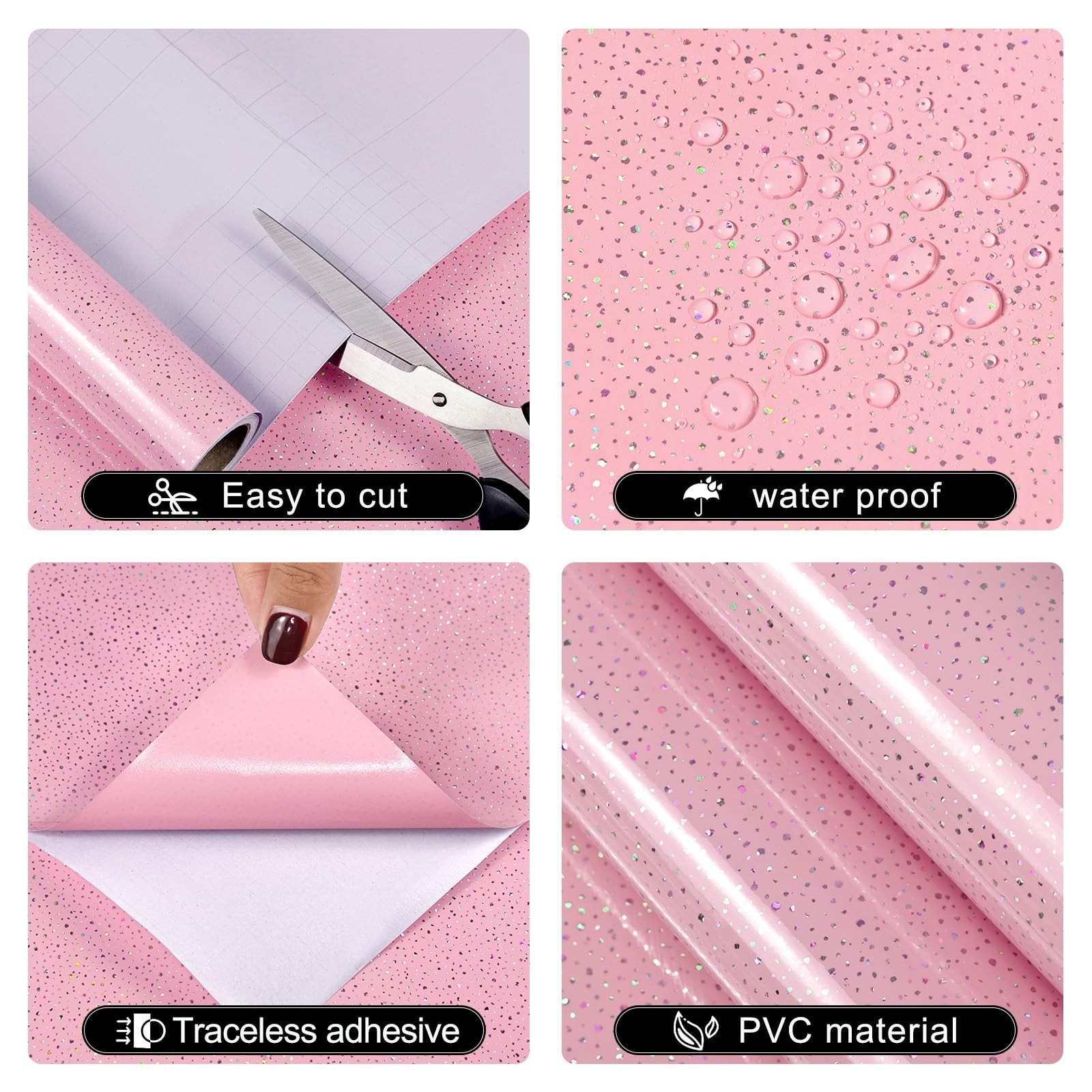 Pink Glossy Countertop Contact Paper Peel and Stick Holographic Shiny Waterpr…