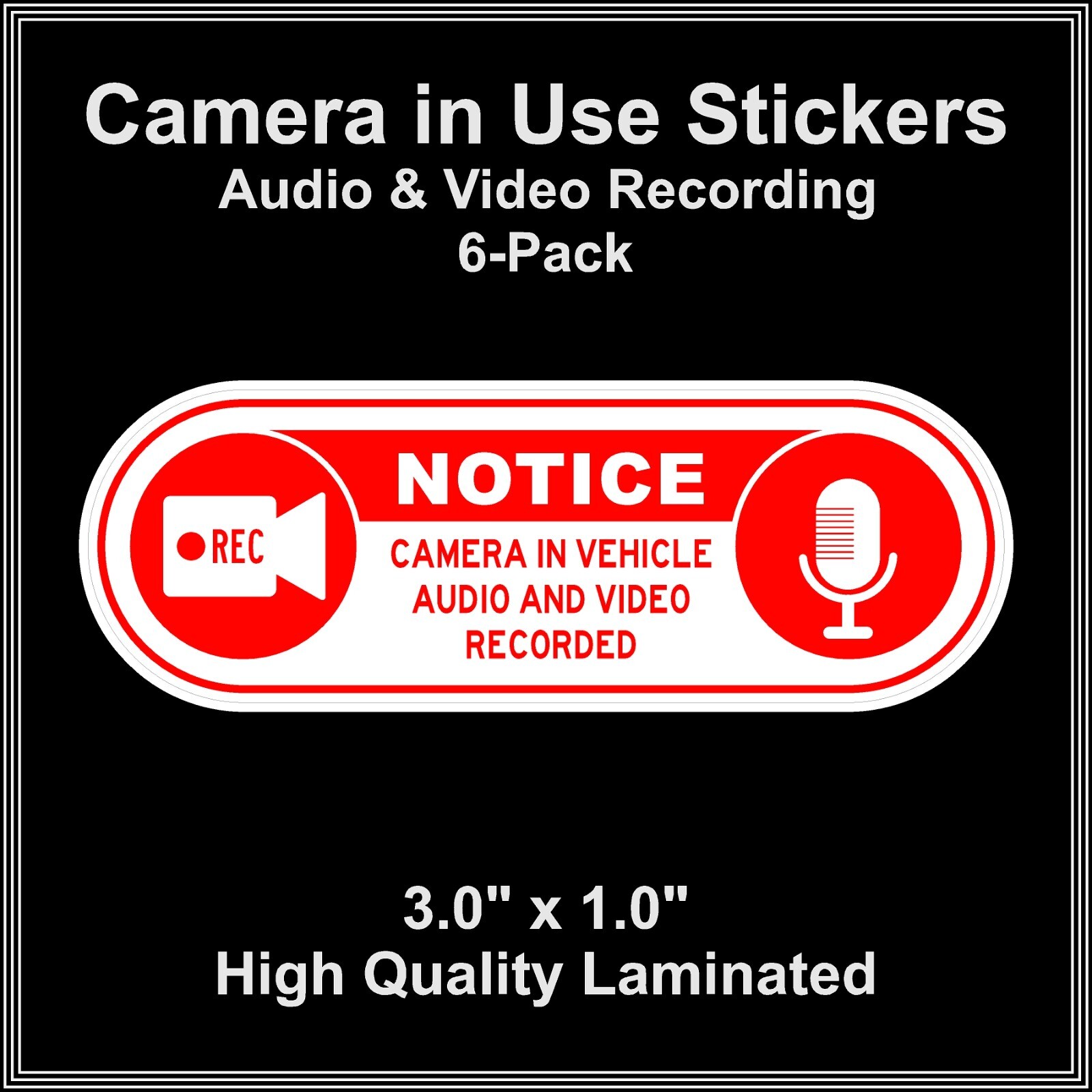 Camera in Car Recording Video 6-Pack Decals Red & White 3.0" x 1.0" for Uber