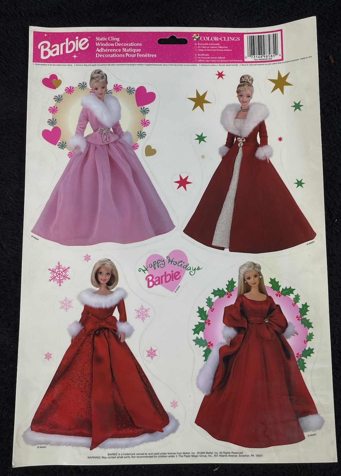 1999 Barbie Mattel Doll Static Cling Window Stick Christmas Happy Holidays set