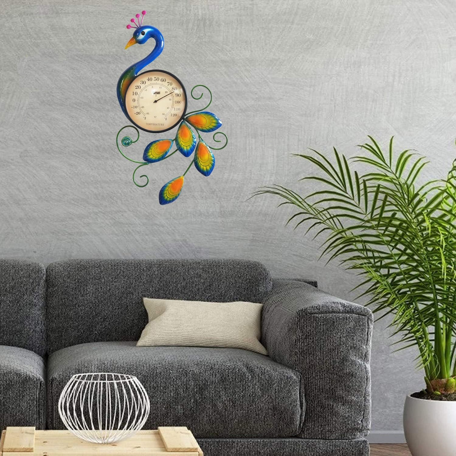 Metal Peacock Thermometer Indoor Outdoor Wall Art Decor Plaque Sculpture Hang…