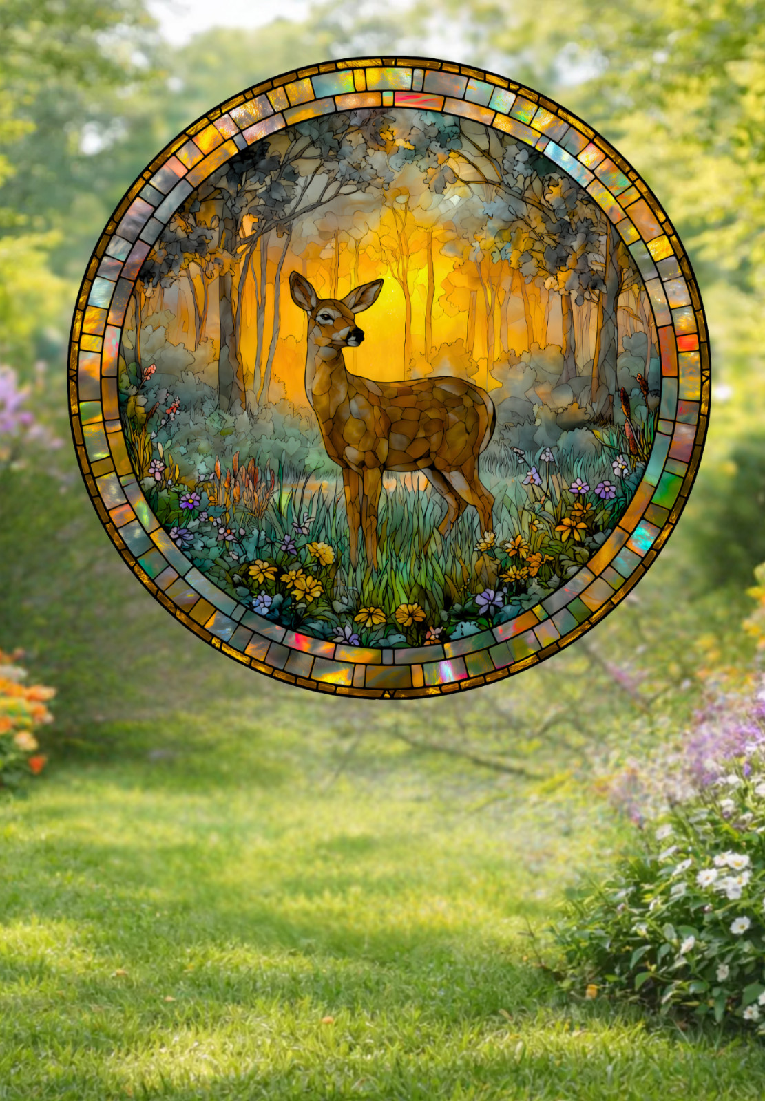 Deer Faux Stained-Glass WINDOW CLING Size 8" Round, Repositionable Vinyl