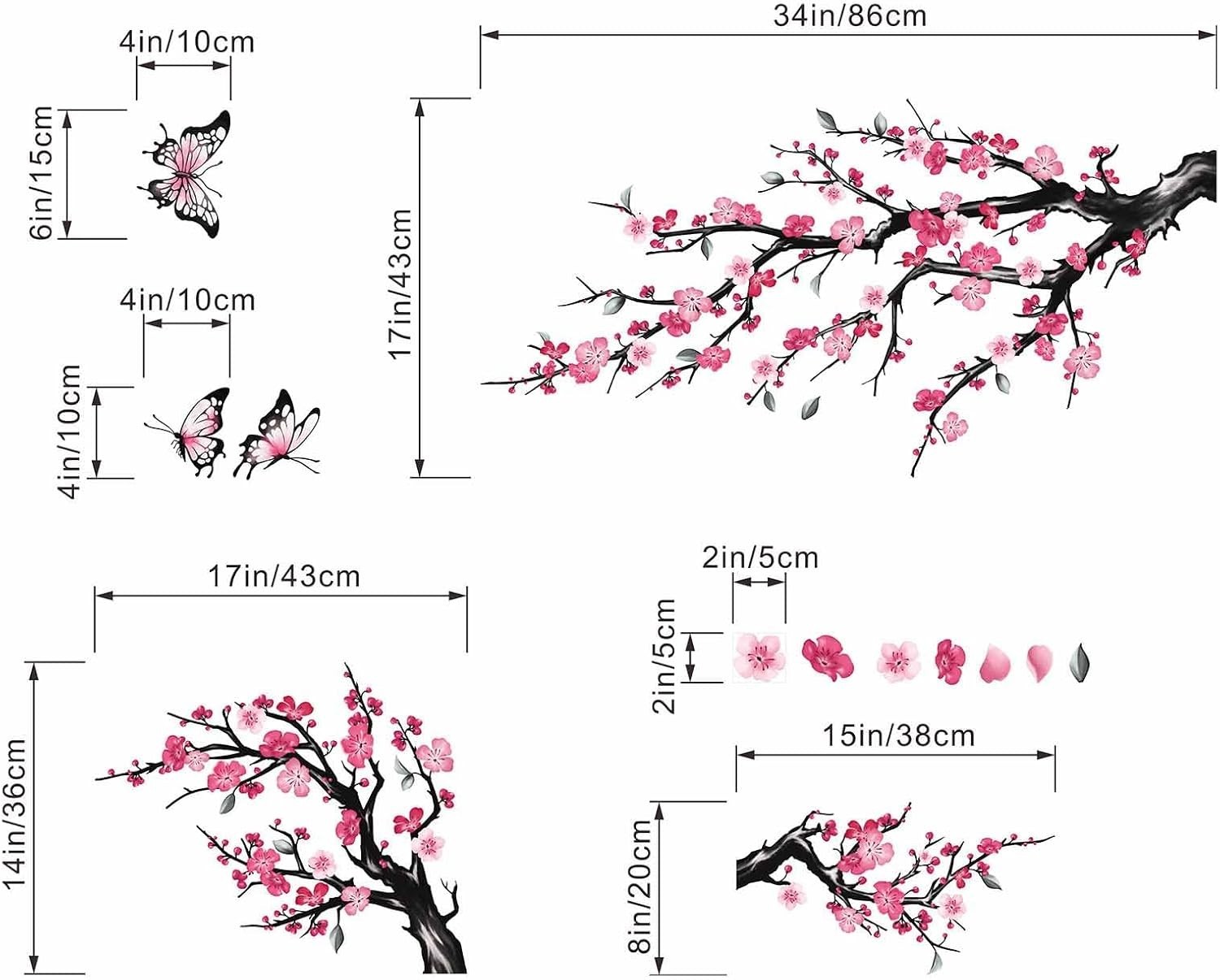 Pink Watercolor Cherry Blossom Flower Wall Stickers – Tree Branch Birds Floral