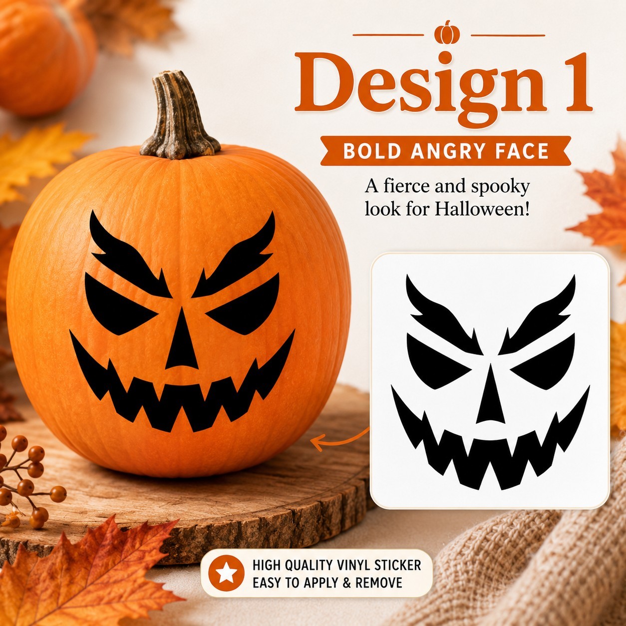 Halloween Pumpkin Face Sticker Set | 4 Reusable Jack-O'-Lantern Vinyl Decals