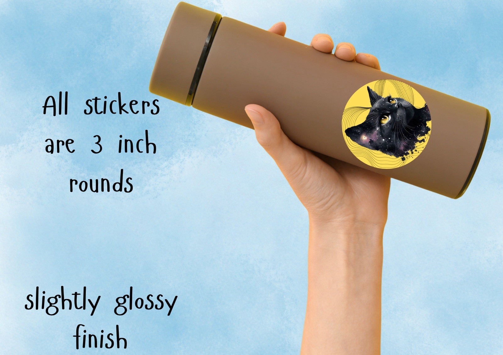 tacky ART sticks Vinyl Round Cat Sticker 3in Yellow Black Self-Adhesive Glossy
