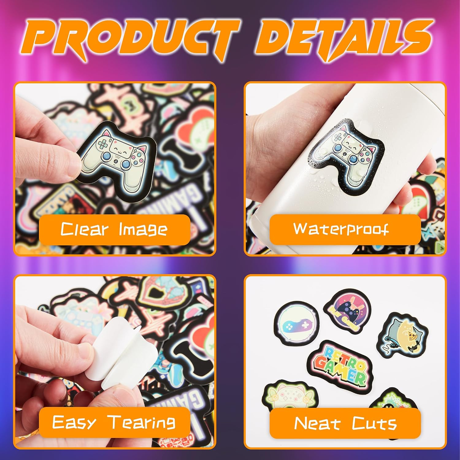 70 Pcs Neon Game Kids Stickers, Gamer Gamepad Vinyl Sticker for Water Bottle, Wa