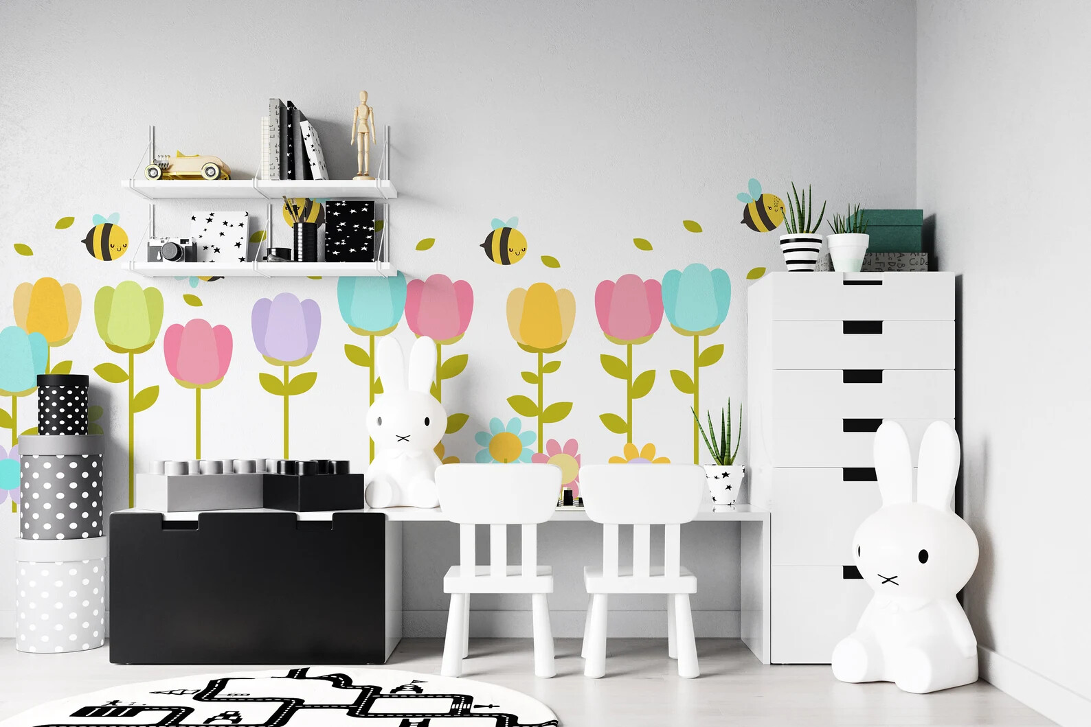 Flower wall decals Decor Cute Bee Tulip Floral Home decor Nursery Kawaii LF025