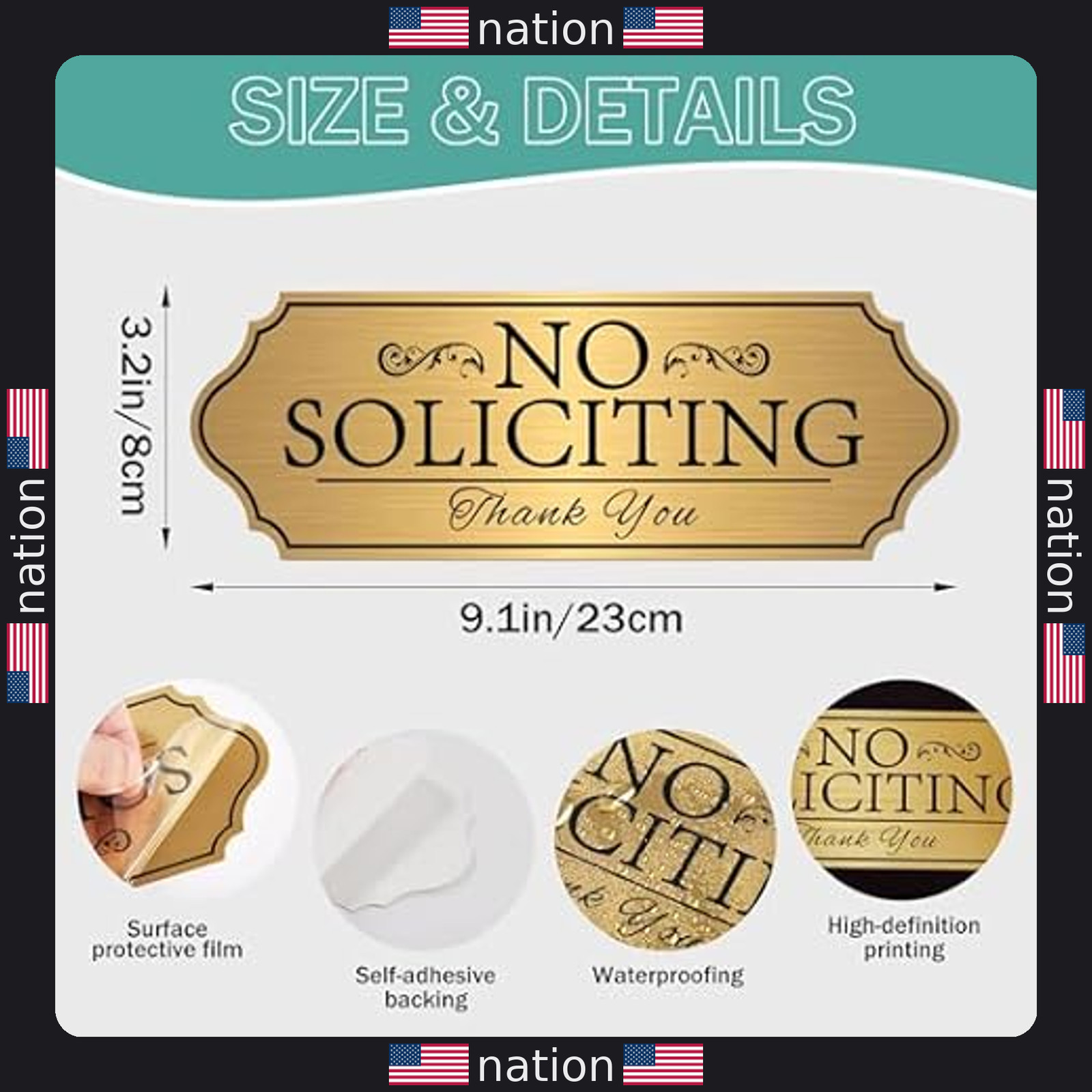 Modern No Soliciting Sign Sticker – Self-Adhesive Brushed Gold Vinyl for Doors