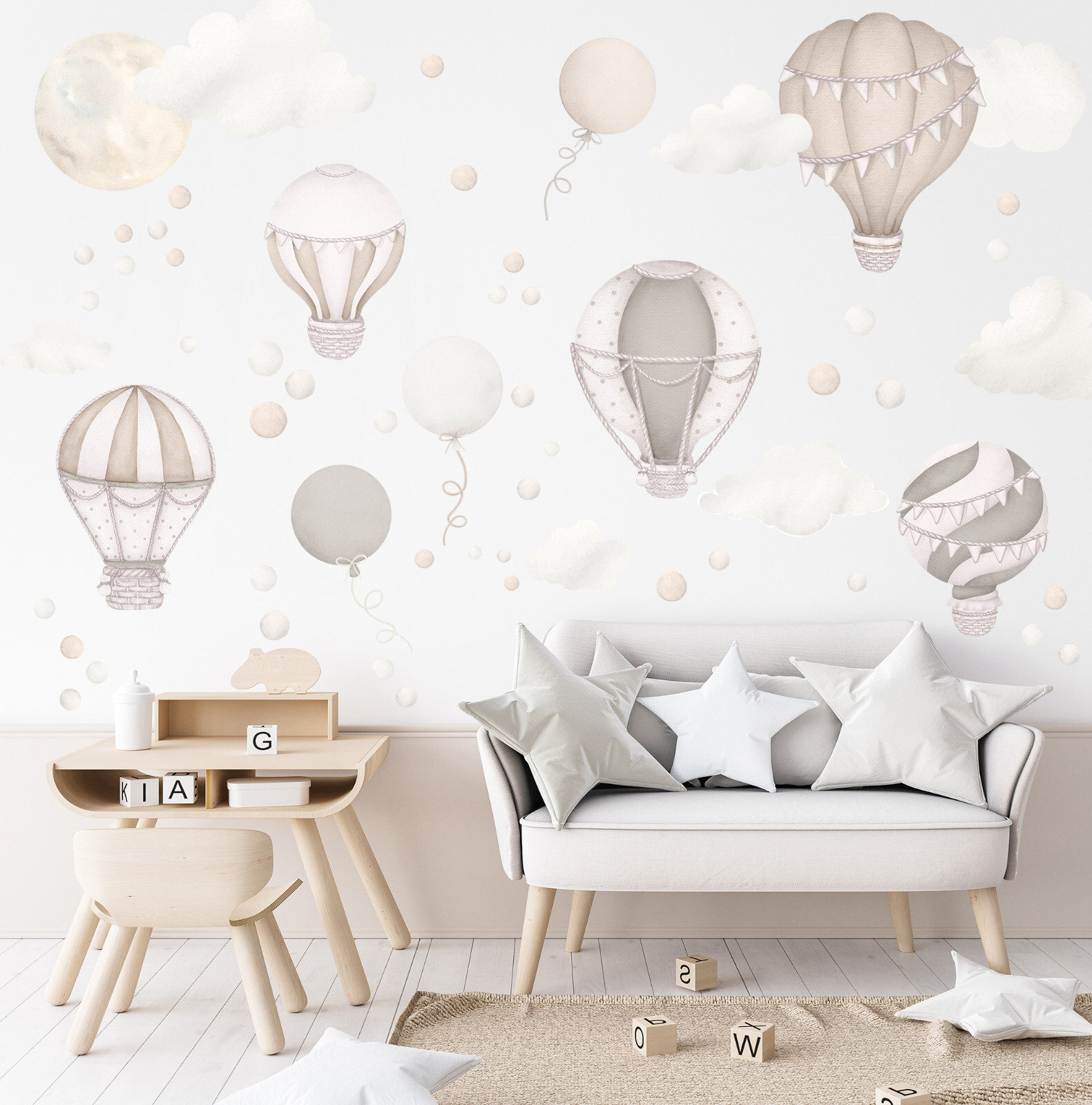 Pastel Hot Air Balloon Wall Stickers, Unisex Nursery Decor, Boho Wall Decal Set