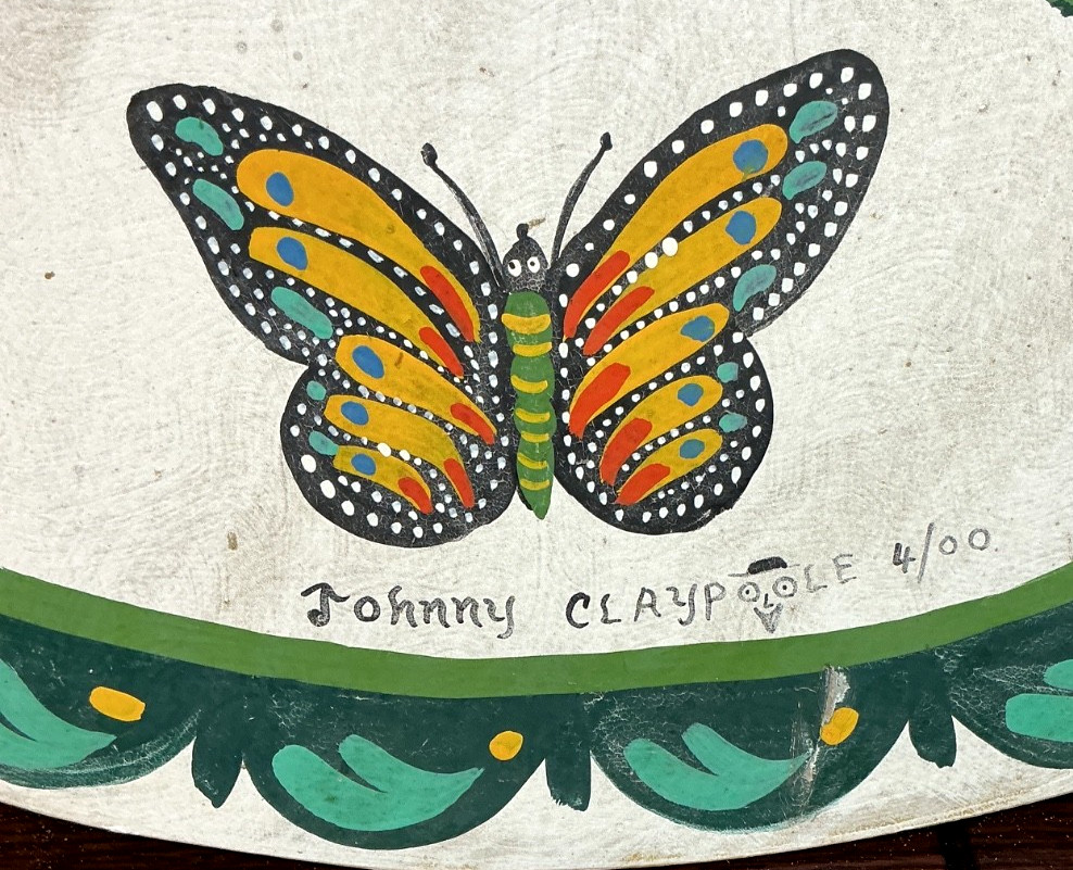PA DUTCH FLOWERS & BUTTERFLIES – SIGNED BY JOHNNY CLAYPOOL 4/2000 ON WOOD – 24"