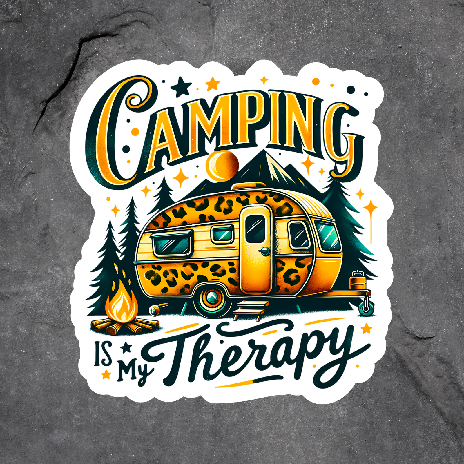 Camping sticker vinyl decal leopard trailer therapy camping outdoors retro vibe