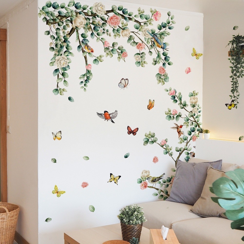 Elegant Flower Tree Branch Birds Butterflies Wall Sticker for Modern Home Decor
