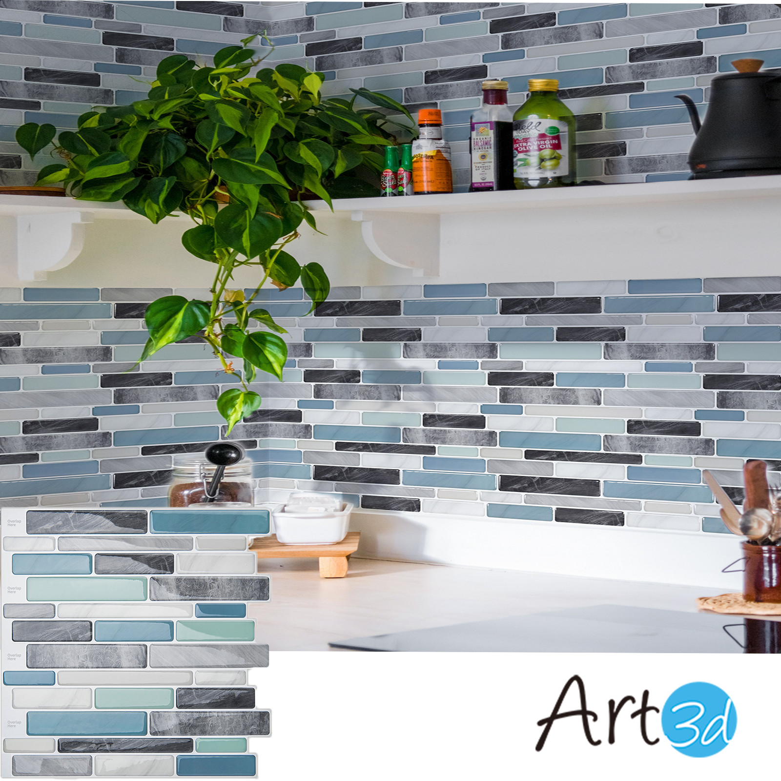 Art3d 10 Sheets Self-Adhesive Kitchen Backsplash, Decorative Tiles