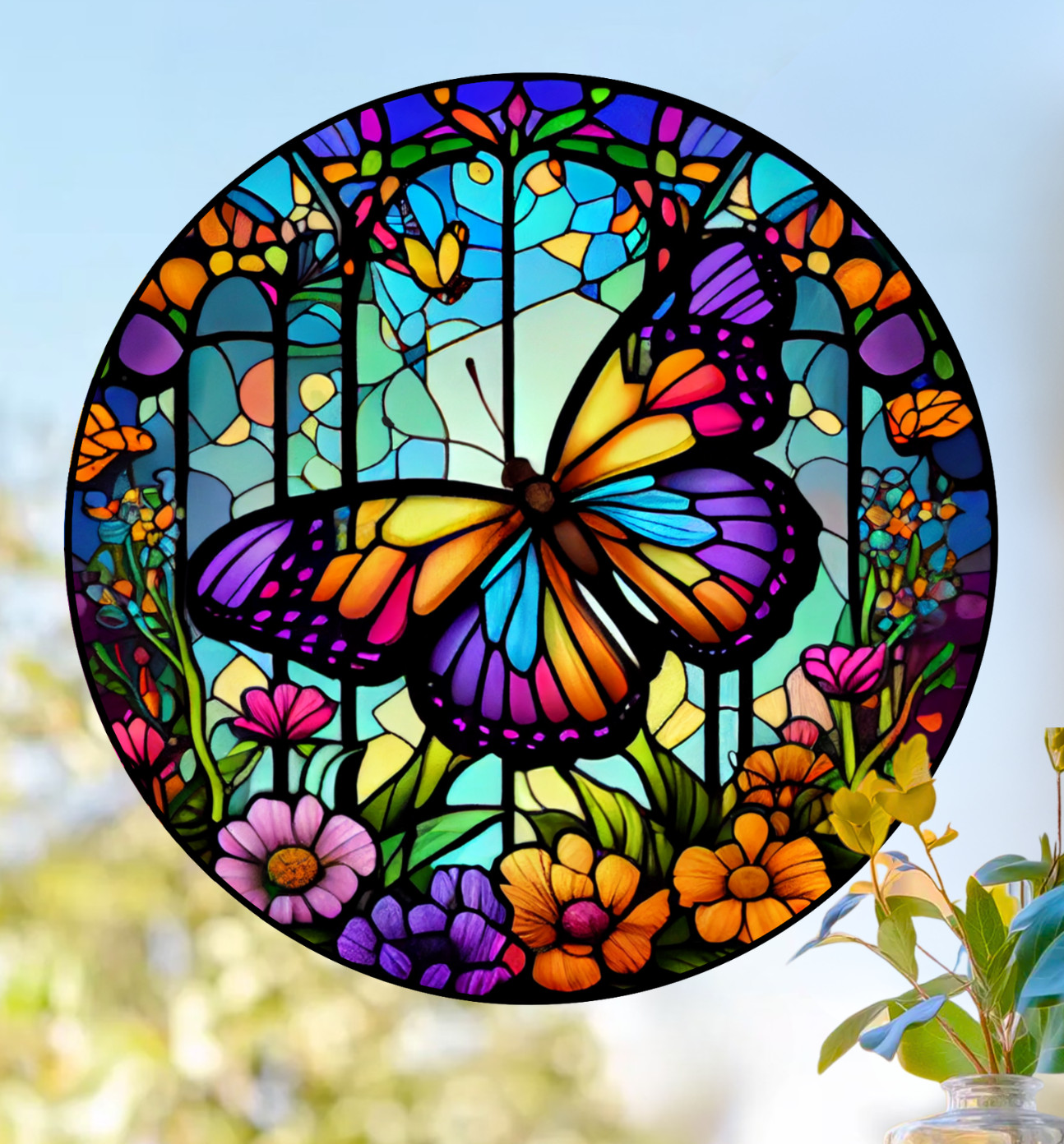 Butterfly Faux Stained-Glass WINDOW CLING Sun-catcher Size 8" Round Vinyl