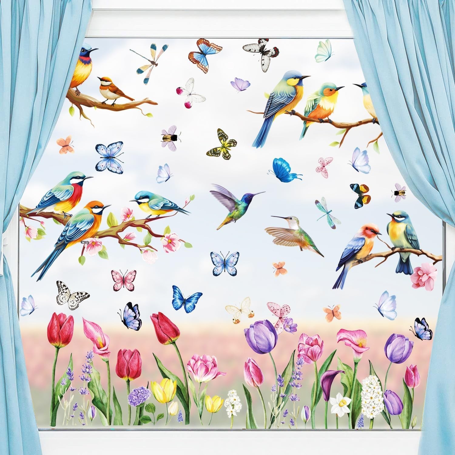 Spring Window Cling Sticker – 78PCS Tulip Butterfly Flower Hummingbirds Windo…