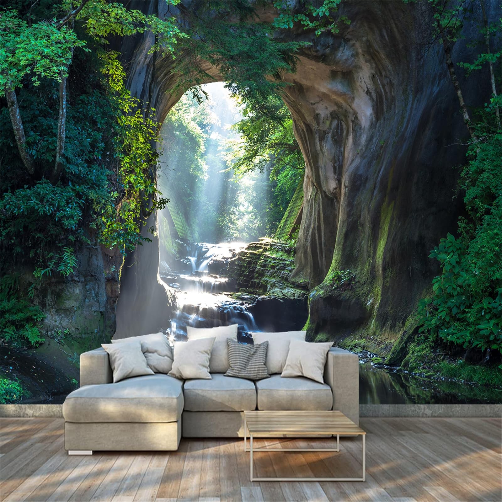 Waterfalls Flow Through Cave Peel and Stick Wall Murals 118"x78.7"-Self-Adhes…