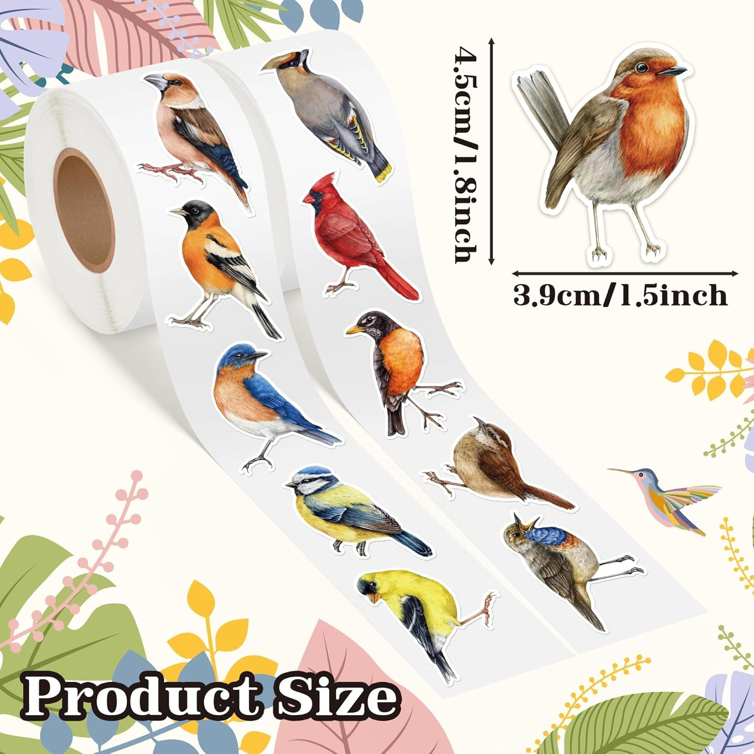 Watercolor Bird Sticker Rolls – 1000 Pcs Waterproof Vinyl Animal Stickers