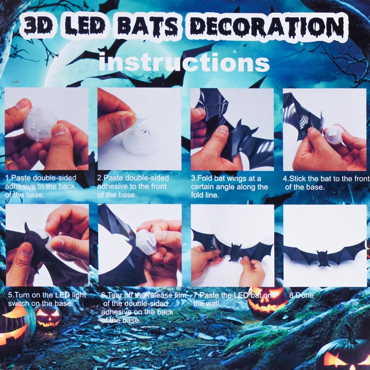 Halloween LED Bats Light Wall Decor RGB Stickers Glow in The Dark Party 3D Black
