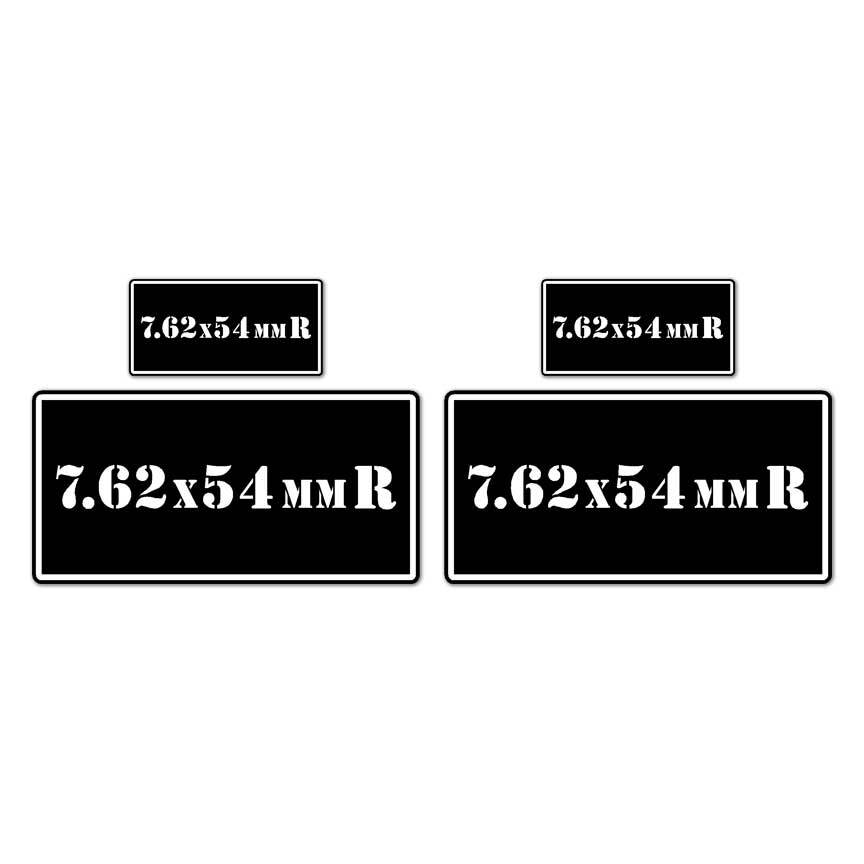 7.62×54 R B&W Ammo Box Set, Vinyl Decal Sticker, 2@ 1"x2" & 2@ 2"x4", #8414