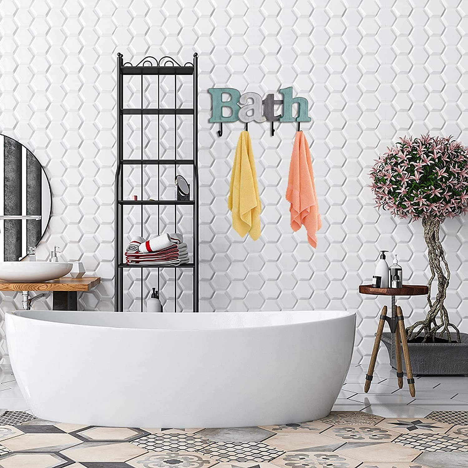 Bedroom Entryway Bathroom Word Cutout with 4 Hooks (Bath )