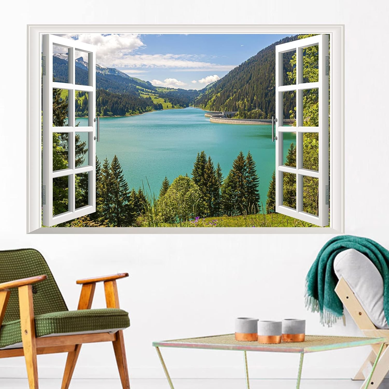 3D Lake View Fake Window Wall Stickers, Nature Mountain Forest Lake Mural, Wall