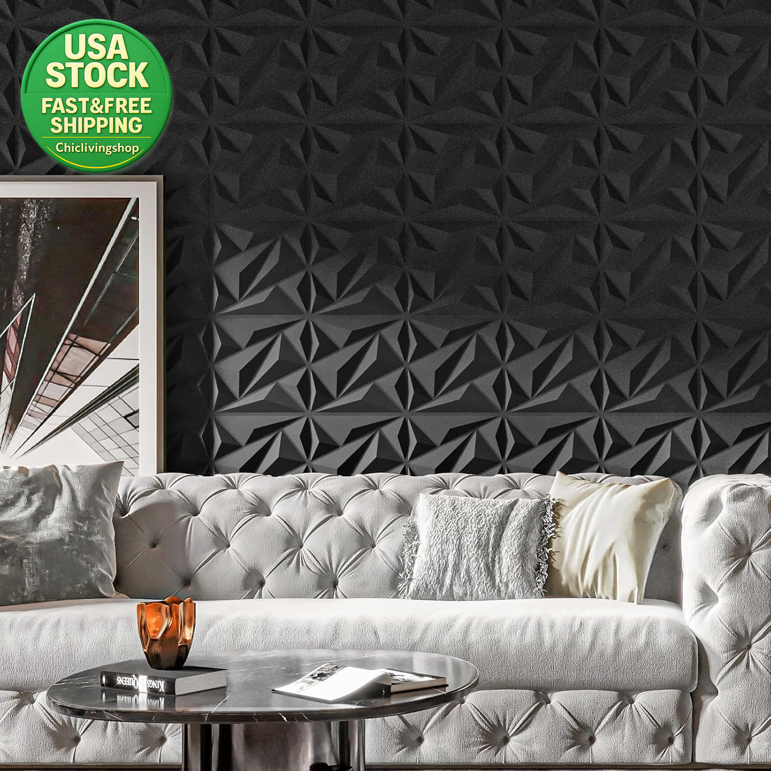 3D Wall Panel Diamond 33 Pack Textured PVC Cover 32 Sq Ft Black 12X12