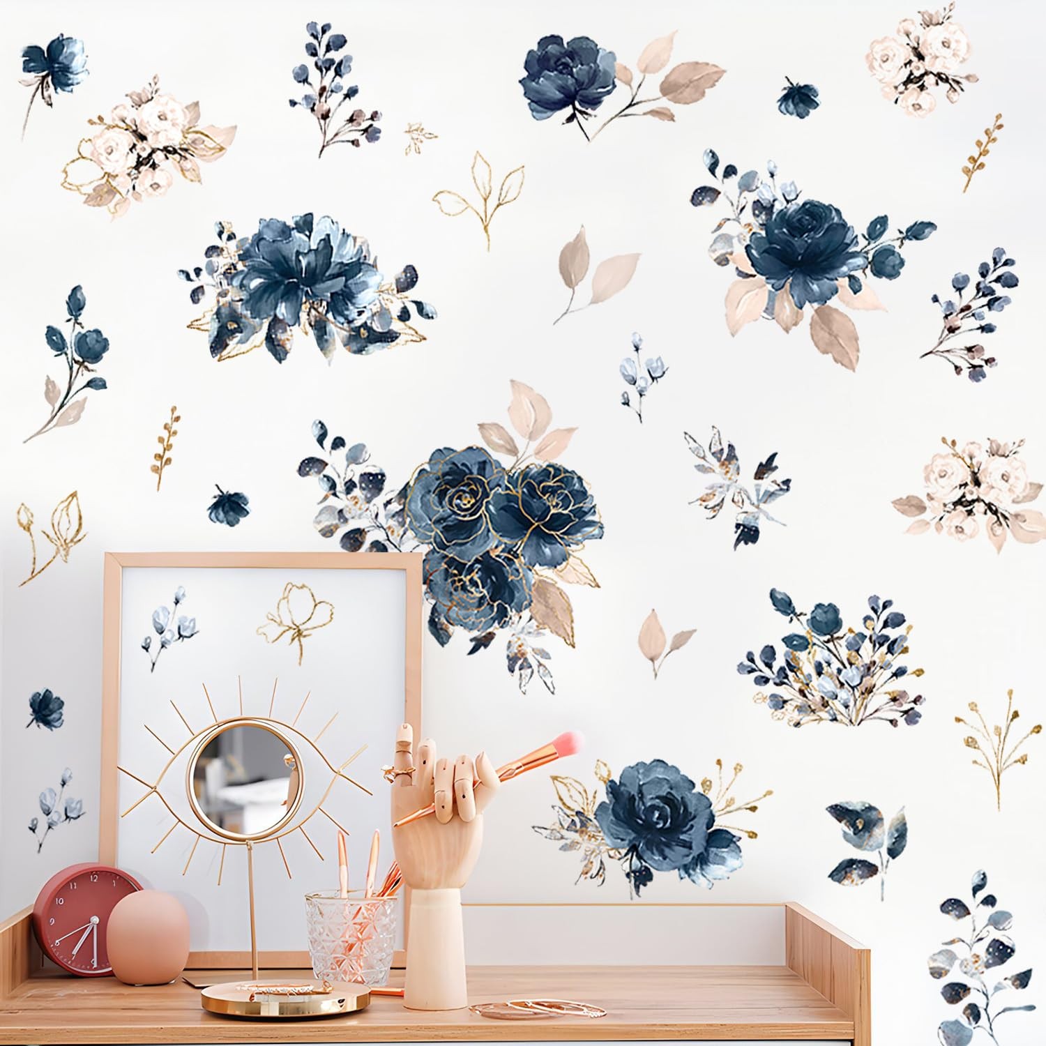 Blue Peony Flower Wall Decals Peel and Stick Rose Leaf Botanical Wall Sticker…