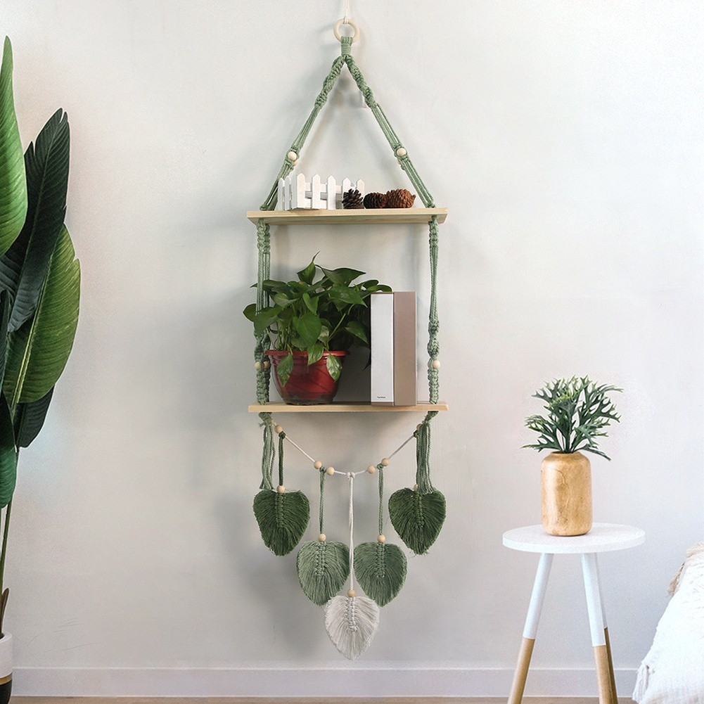 Green Woven Wall Shelf for Plants Bohemian Macrame For Living Room Decor