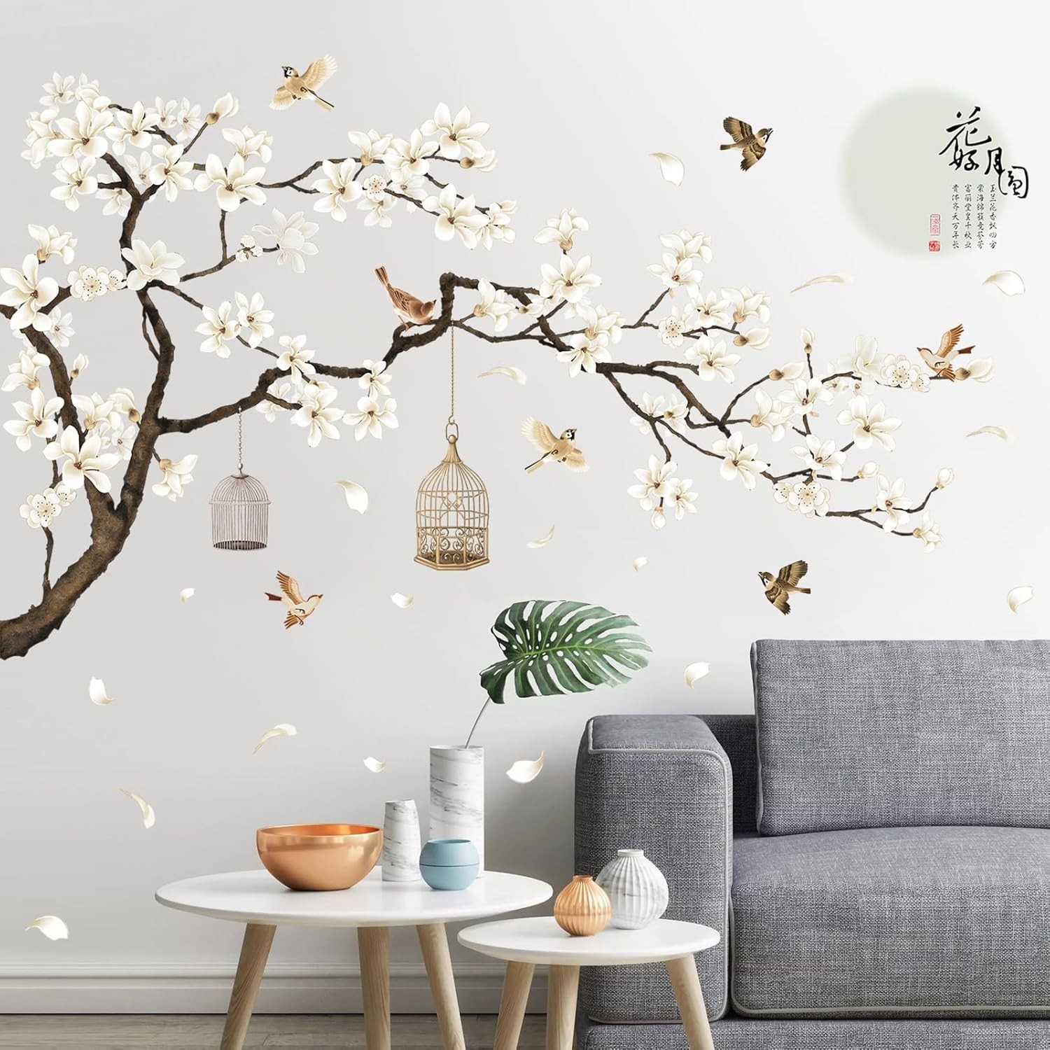 Chinese Style Wall Decals White Flowers Black Tree & Birds, Removable DIY Wall