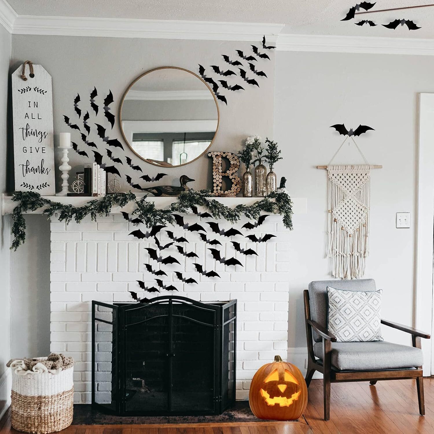 Halloween 3D Bats Wall Decor – 70 Pcs 5 Different Sizes Matte 70 PCS, Black