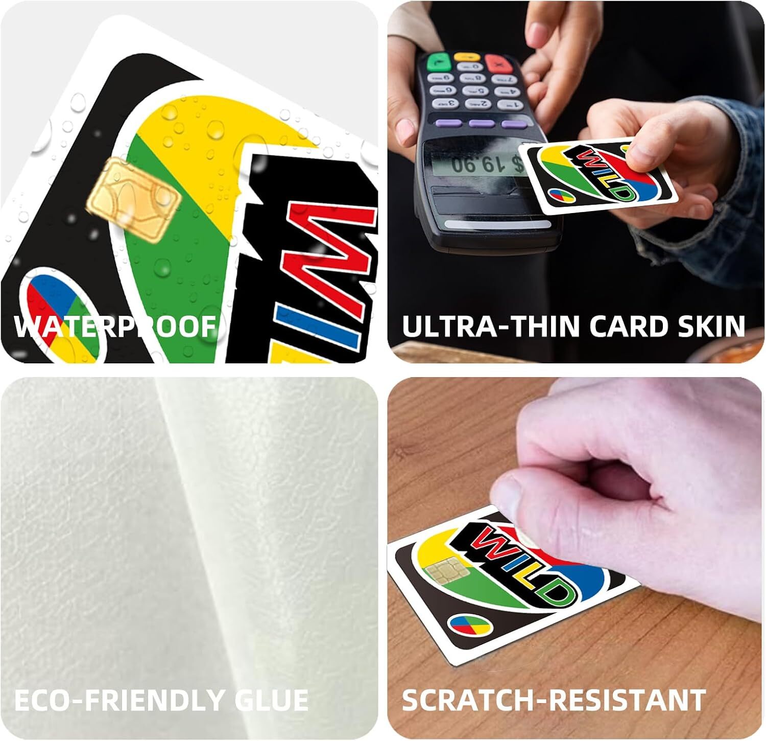 UNO Wild Card Skin (4-Pack) | Funny Game Night Sticker for Credit & Debit Card