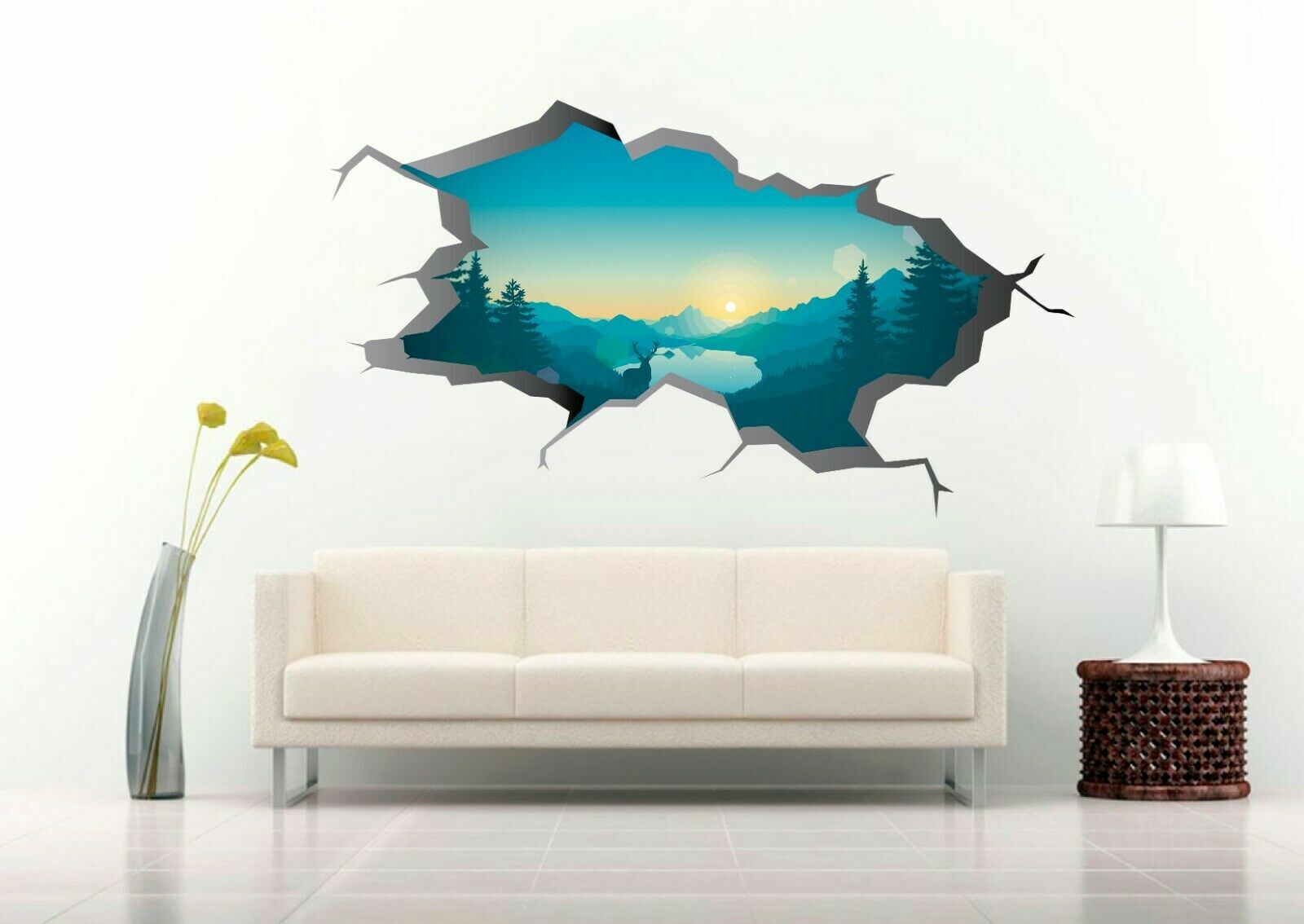 Lakeside Sunrise 3D Crack Hole Wall Decal Vinyl Sticker Mural Art Decor