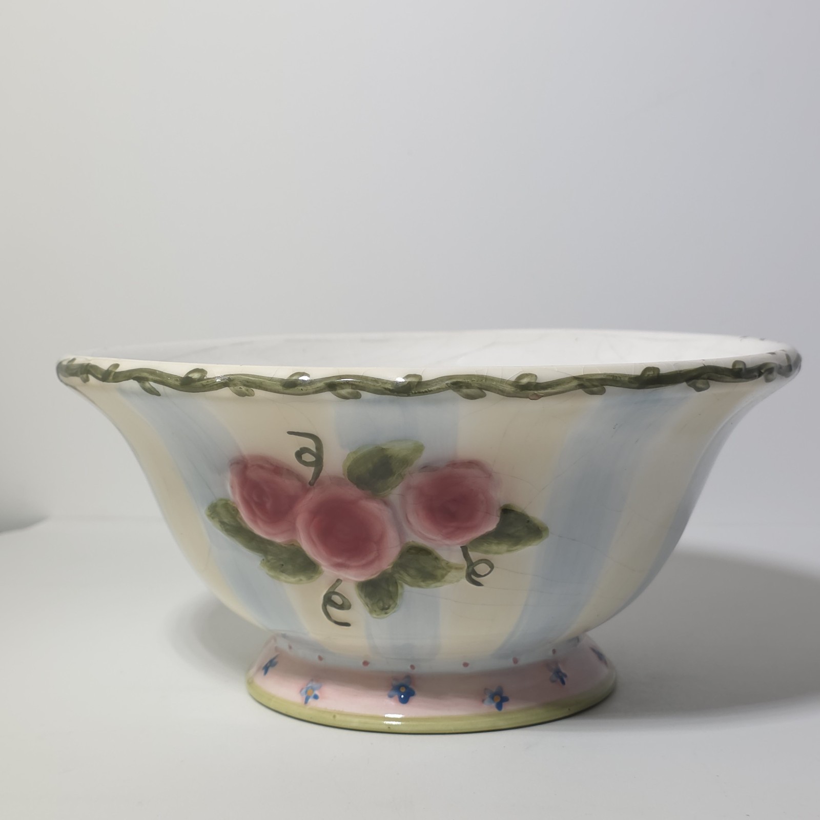 Vintage Cottagecore Pink Rose Blue Striped Footed Ceramic Serving Bowl 9" x 4"