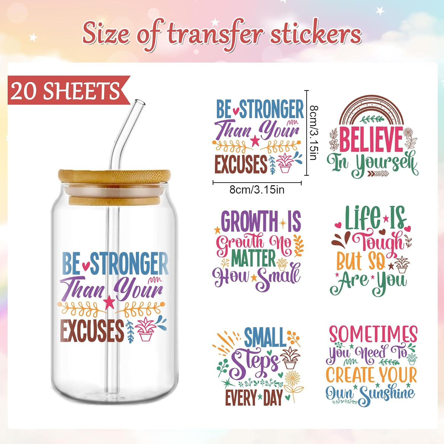 Inspirational UV DTF Stickers – 20 Sheets Motivational Quotes UV DTF Cup Wraps f