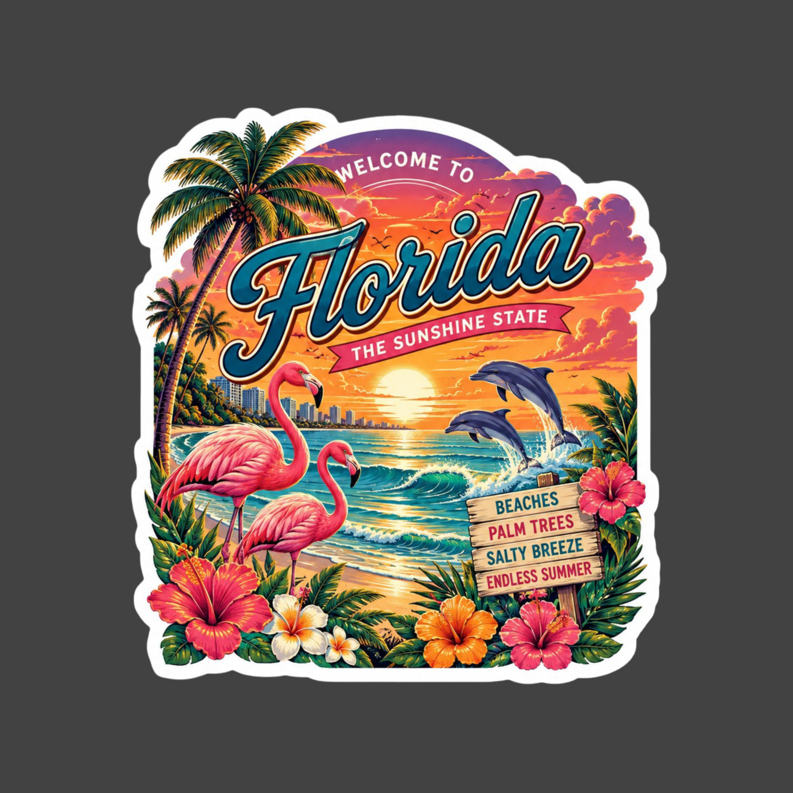 Florida Sticker Vinyl Decal Tropical Beach Sunset Flamingo Dolphin Travel
