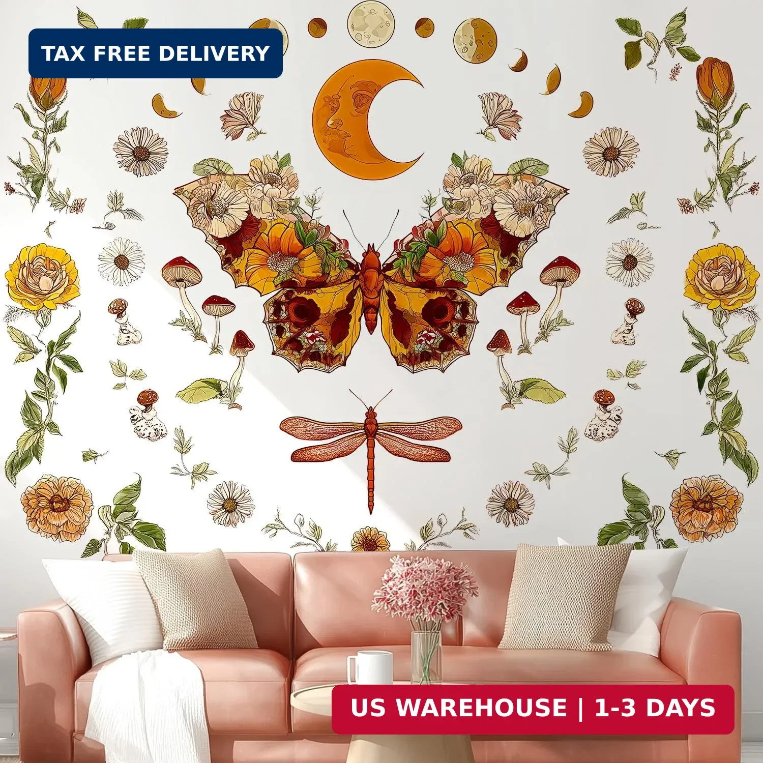 Boho Flowers Butterfly Wall Decals Peel and Stick, Sun and Moon Vinyl Wall Decor