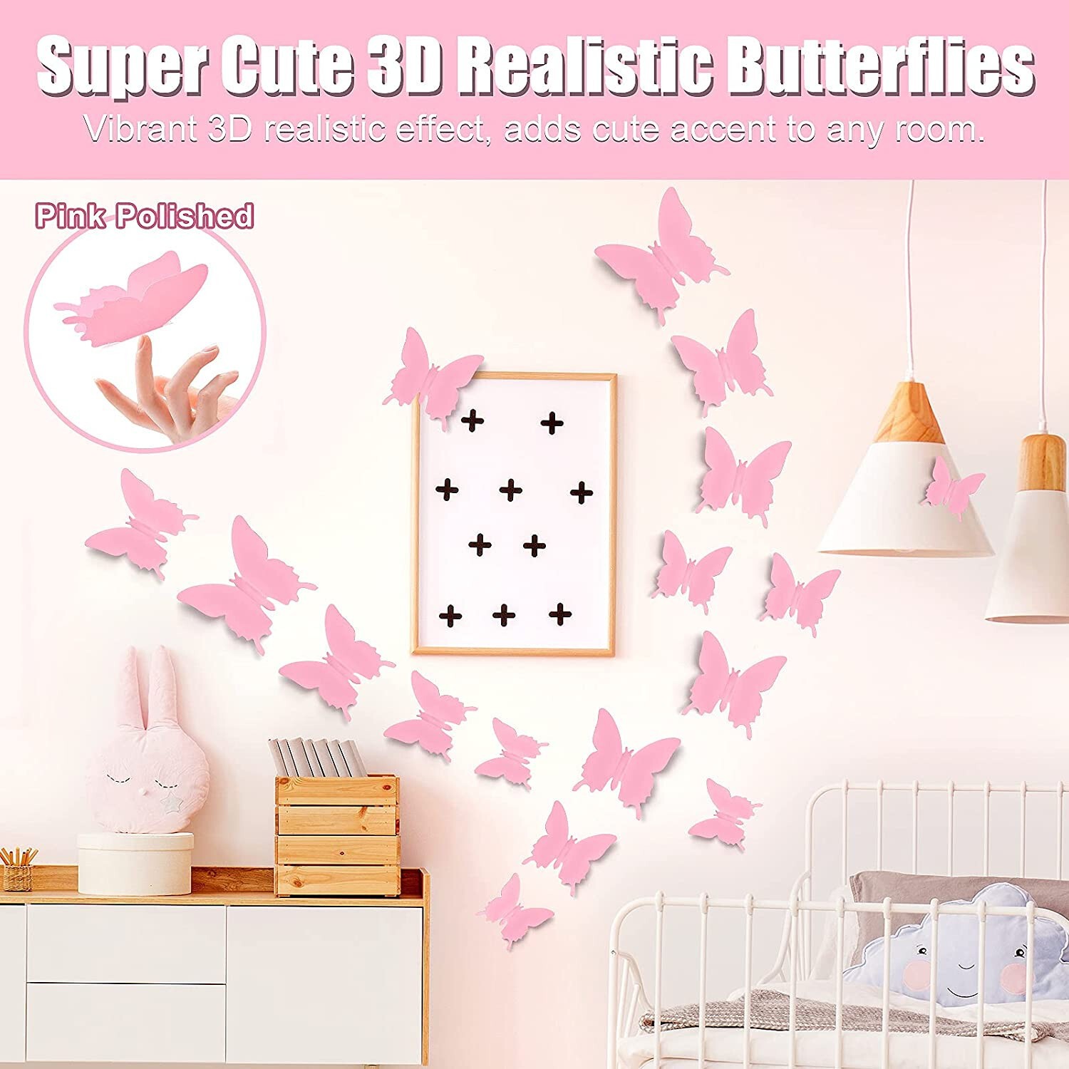 48pcs 3D Butterfly Wall Decor Pink Polished Butterflies Wall Stickers 3 Sizes