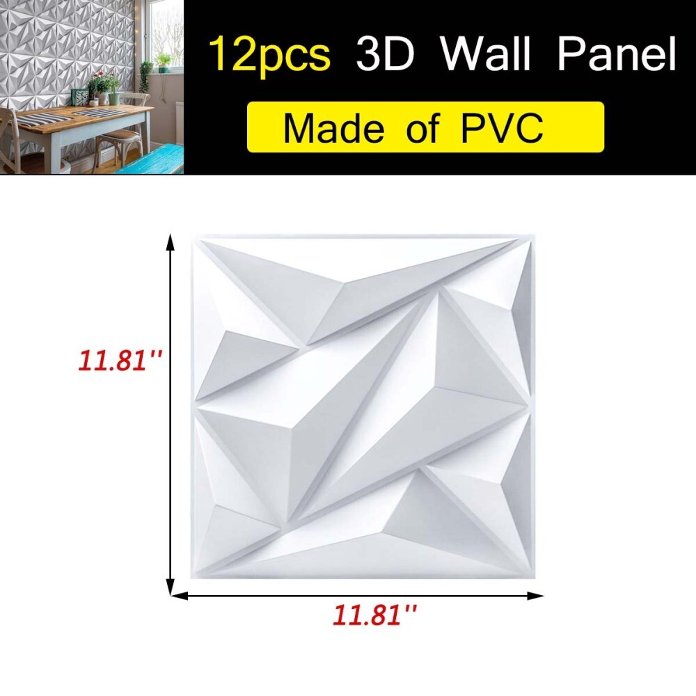 12PCS PVC 3D Wall Panels Decorative White Textured Diamond Design Ceiling 11.8"