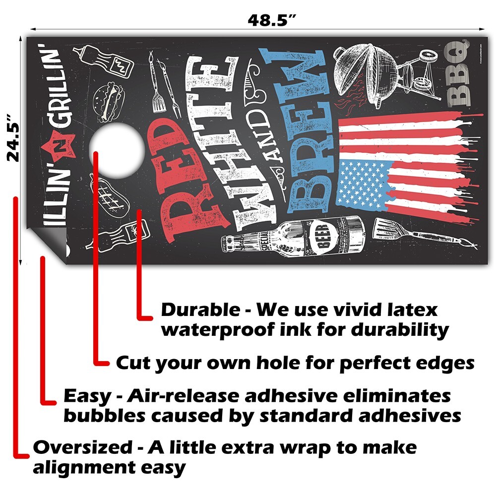 Red White and Brew Beer American Flag Chalkboard Style Cornhole Wraps Sticker