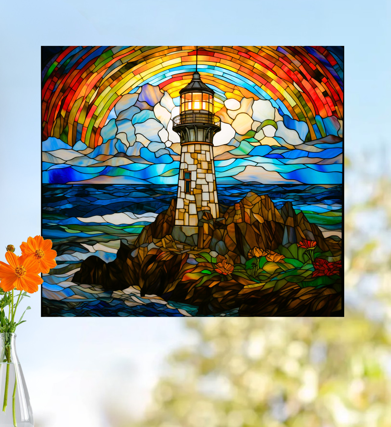 Lighthouse Faux Stained-Glass WINDOW CLING Size 9.1" Repositionable Vinyl