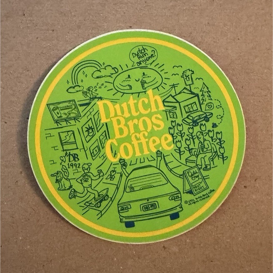 Dutch Bros Coffee Round Sticker Green Yellow Original 1992 Coffee & Tea Theme