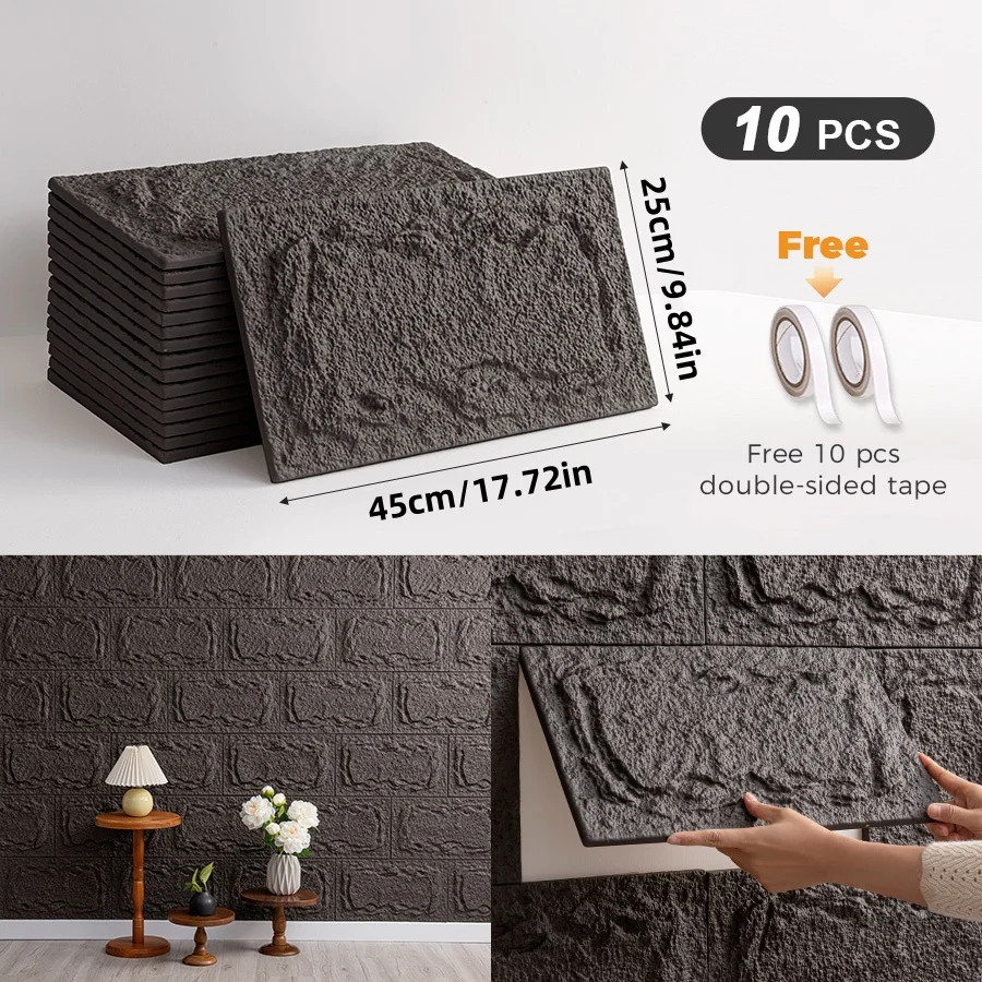 10Pcs 3D Self-Adhesive Stone Wall Panels 10Mm Thickness PU Wall Panels Wall Deco