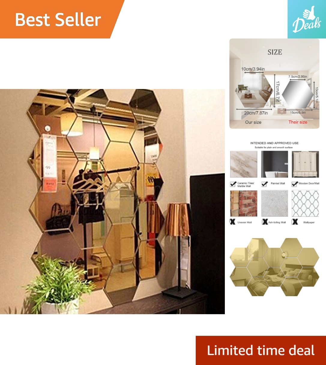 Lightweight Gold Hexagon Mirror Stickers – 12PCS, Easy Home Decor Solutions