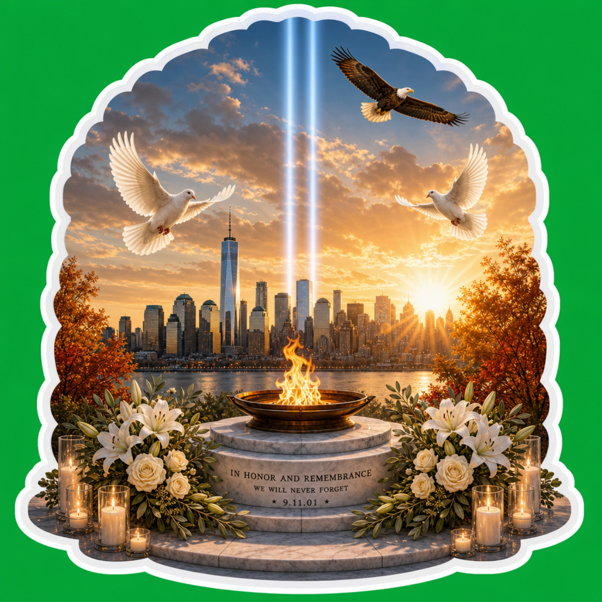 3 in 9/11 Memorial Eternal Flame Sticker Tribute in Light Never Forget Patriotic
