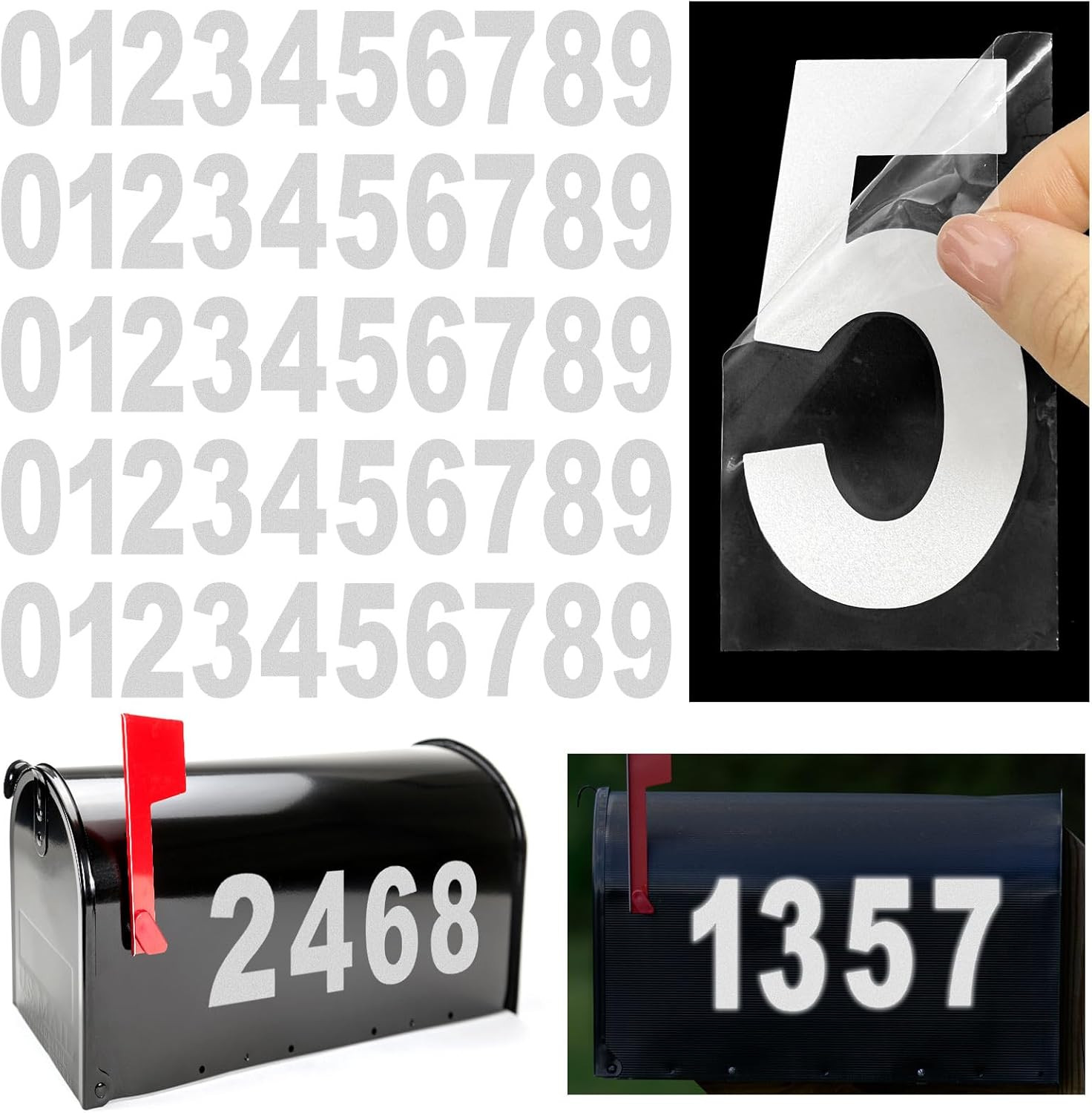 4 Inch Reflective Mailbox Numbers Sticker (0-9, 5 Sets) for Outside, Strong Self