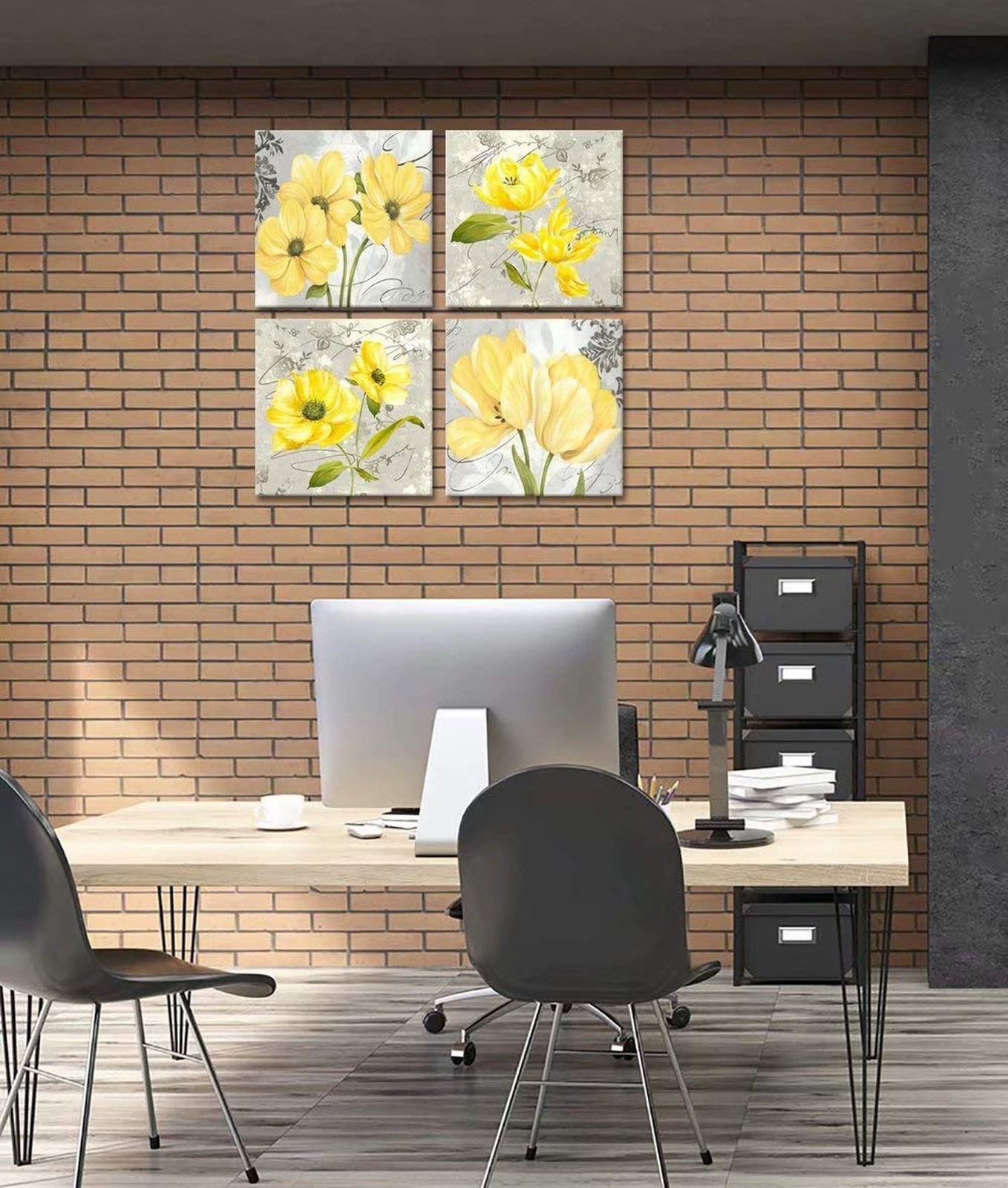 Yellow Wall Art Bedroom 4 Piece Grey Flower Pictures Kitchen Gray Floral Canv…